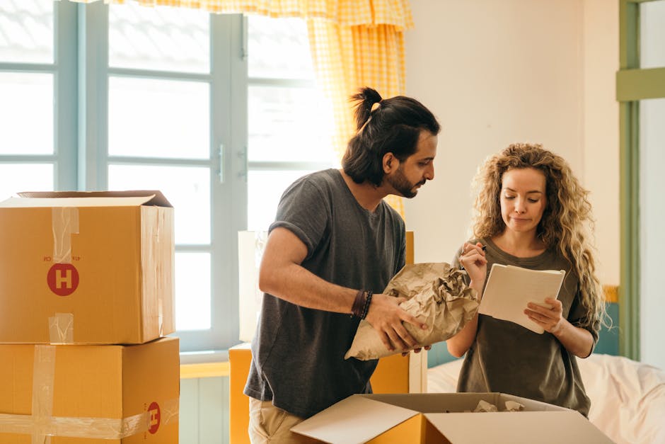 A man with dark hair, wearing a grey t-shirt, is inside a well-lit room during a home relocation, holding a paper bag and engaging with a woman with curly blonde hair, who is dressed in a grey t-shirt and holding a notebook or checklist. Behind them, several cardboard boxes sealed with packing tape are stacked on a surface, indicating a packing and moving process. The room features large windows allowing natural light to fill the space, with yellow and green curtains partially drawn. The men appear to be discussing the packing details or organizing the furniture and belongings for transport. The environment suggests a interior setup where furniture, boxes, and packing materials are prepared for a relocation, consistent with house removal services offered by Man with Van Tulse Hill. The scene captures the preparation phase of a home transfer, including loading readiness and packing oversight.