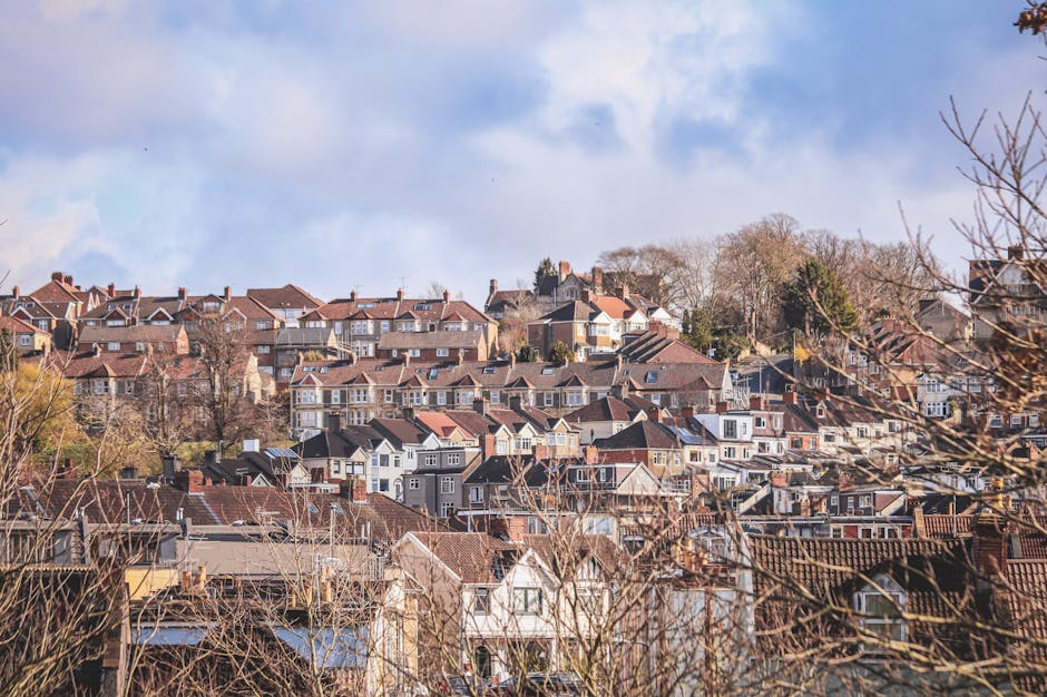 A panoramic view of a densely packed residential area in Tulse Hill, featuring numerous terraced houses with pitched roofs, some with chimneys. The houses display a variety of exterior finishes, including brick and painted facades, with many windows visible. The scene shows the houses situated on a hillside, with some at a higher elevation than others, under a partly cloudy sky with patches of blue. In the foreground, leafless tree branches partially obscure the lower portion of the image. This environment represents an urban neighbourhood where house removals and moving logistics, such as packing and furniture transport, are common. In relation to the house relocation services offered by Man with Van Tulse Hill, this view highlights the typical residential setting where packing materials like cardboard boxes, plastic wrap, and blankets might be used for a home move, and where furniture would be loaded onto a van for transportation from inside the property to a new location.